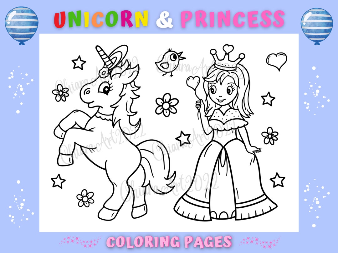 Princess unicorn coloring pages for kids and adult printable pretty princess coloring pages unicorn party birthday pdf