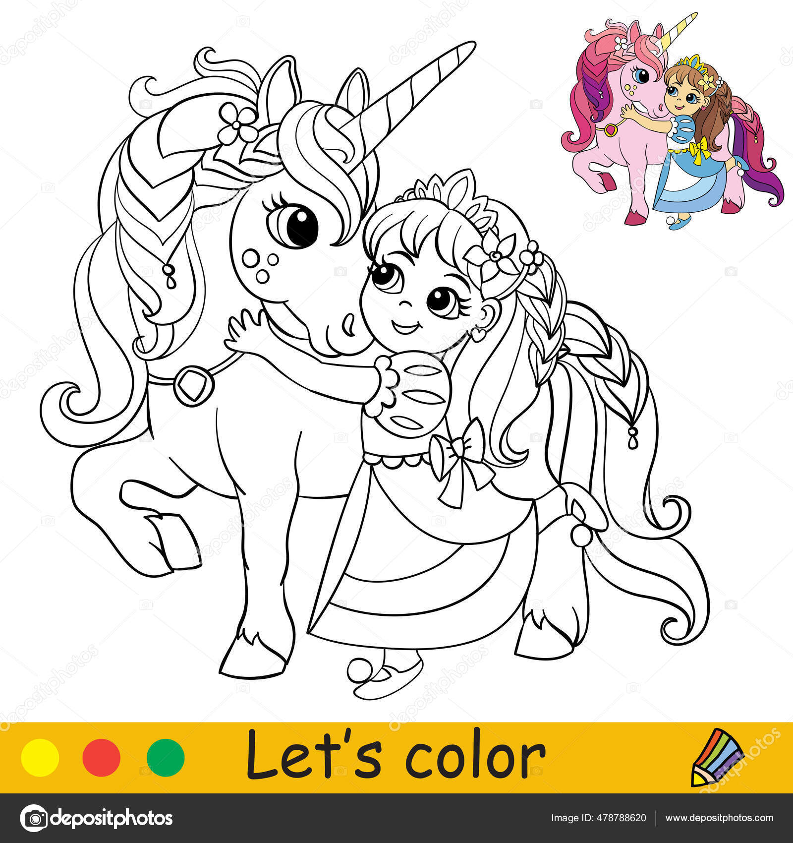 Cute little princess cuddles unicorn coloring book page colorful template stock vector by alinart