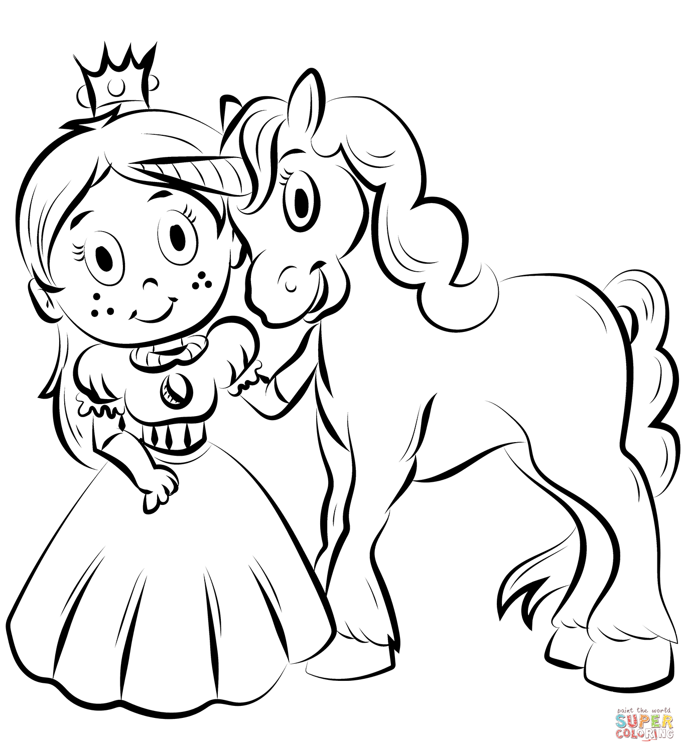 Princess with unicorn coloring page free printable coloring pages