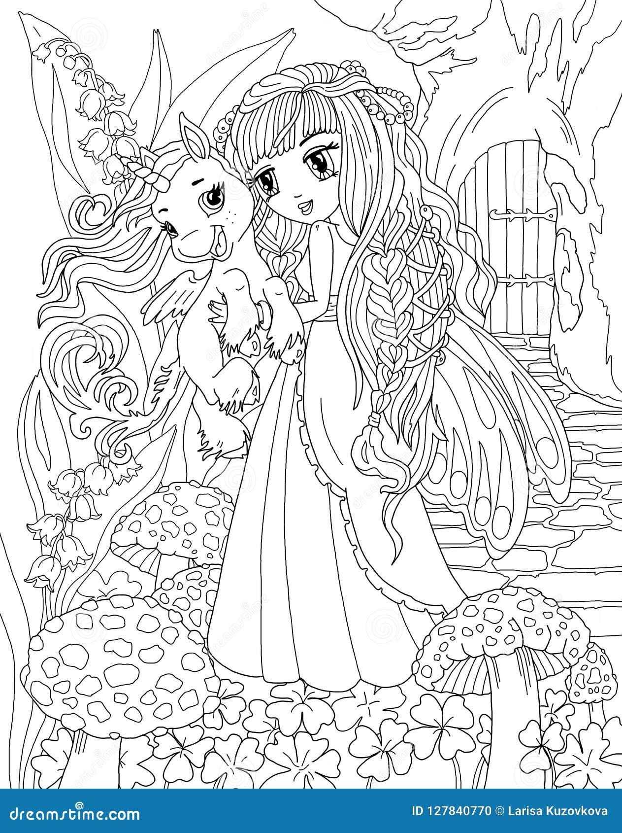 Coloring page the unicorn and princess stock illustration
