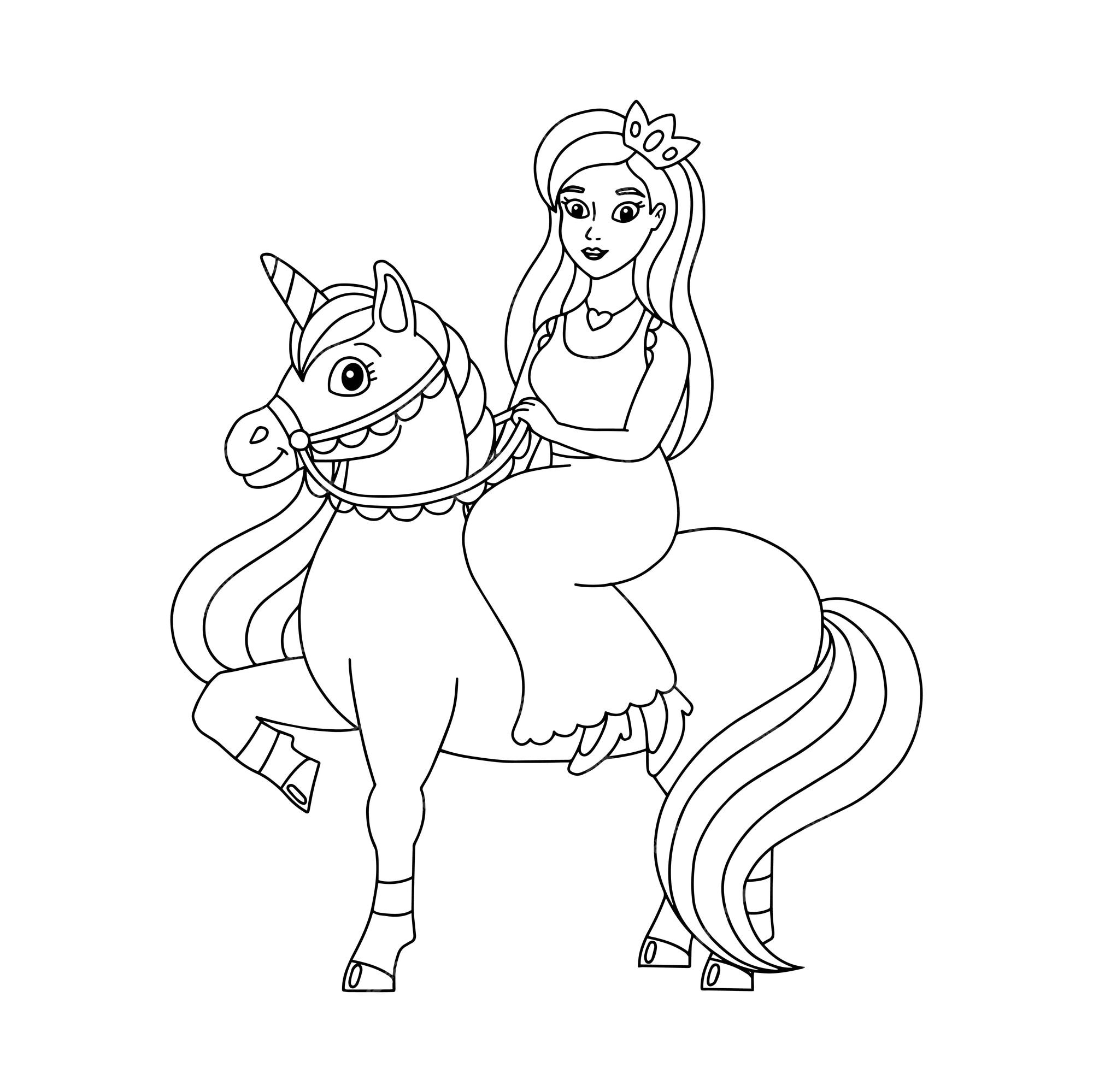 Premium vector the princess is riding a unicorn coloring book page for kids