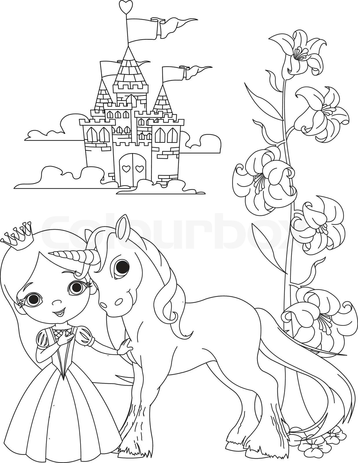 The beautiful princess and her cute unicorn coloring page stock vector