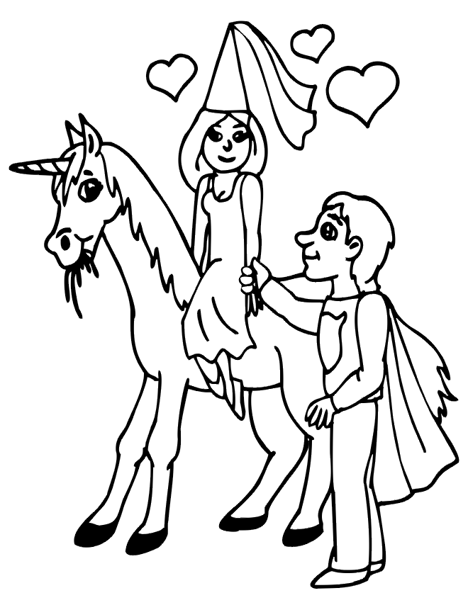 Unicorn coloring page prince princess with unicorn