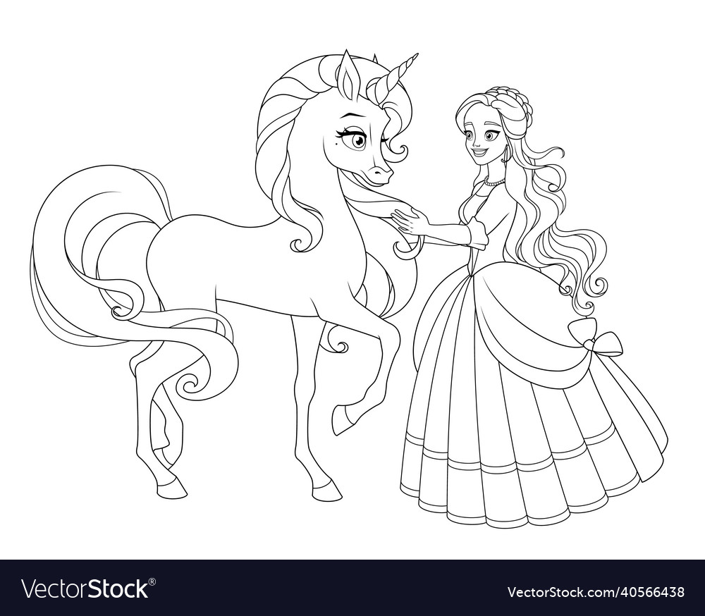 Beautiful princess with unicorn coloring vector image