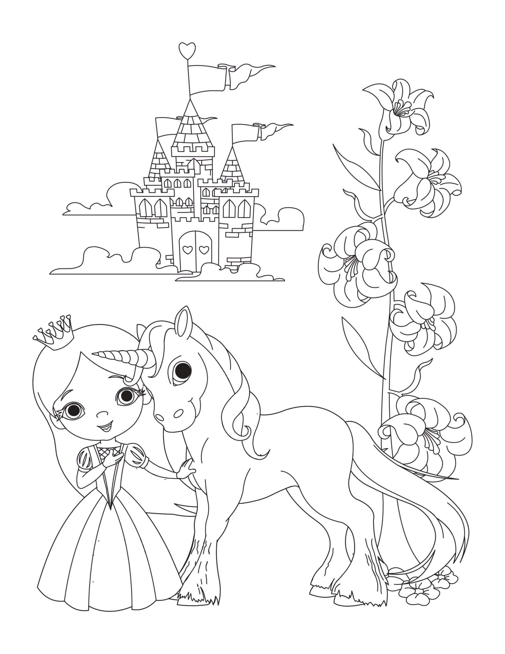 Unicorn and a princess near the flowers â