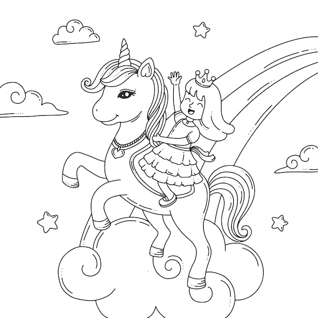 Premium vector coloring page the unicorn and princess
