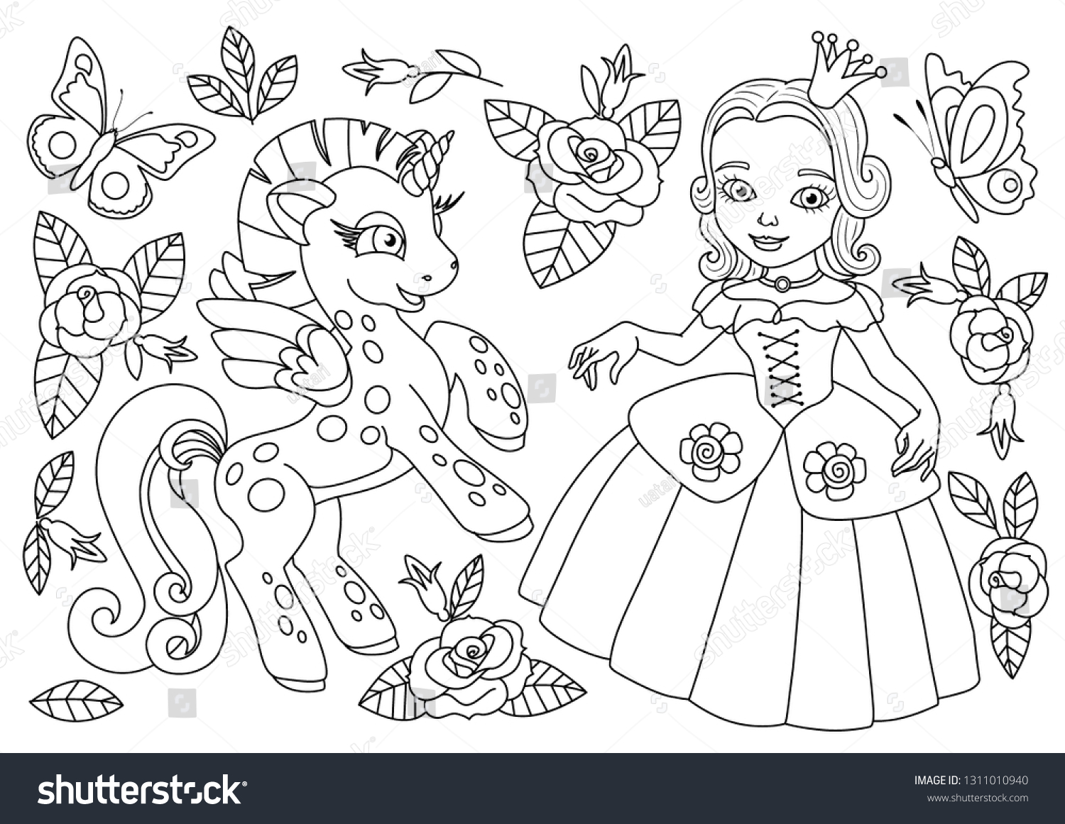Princess unicorn coloring page coloring page stock vector royalty free