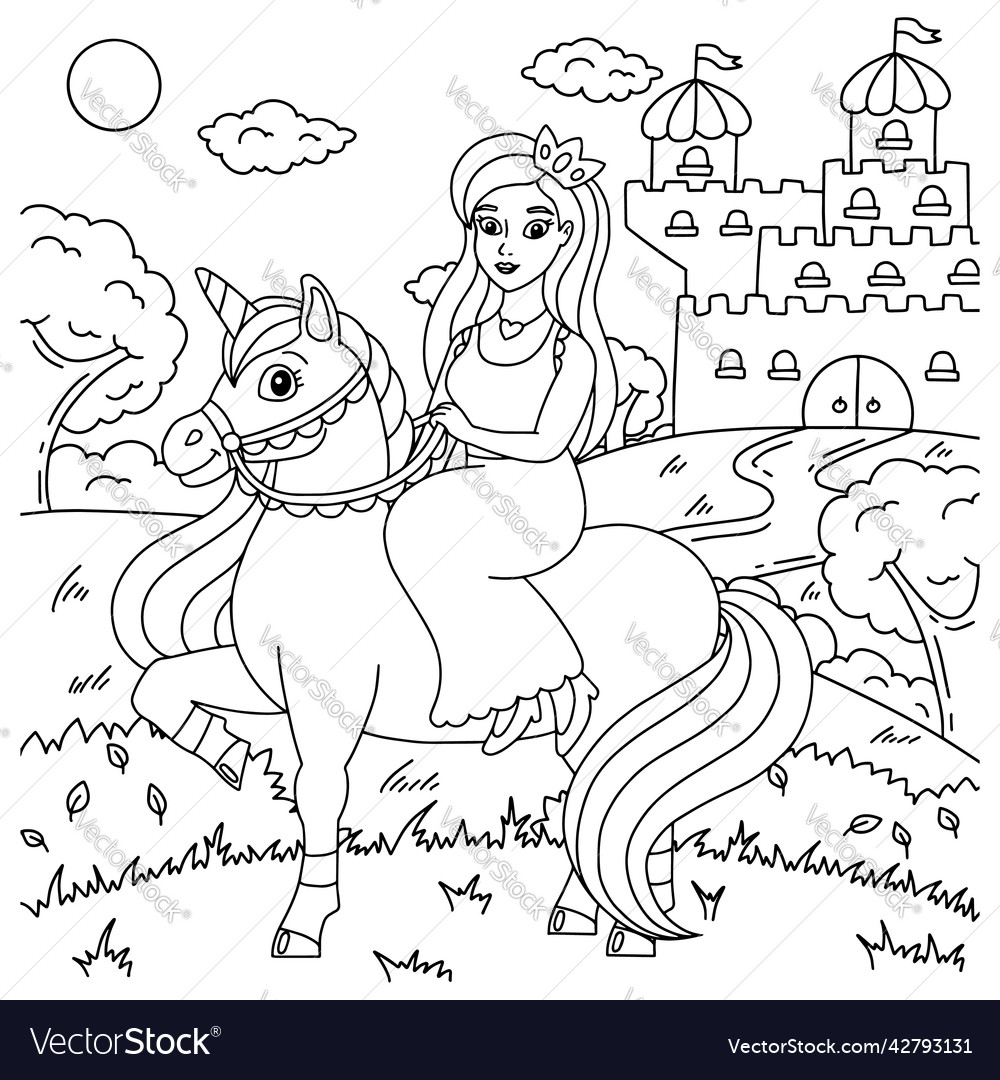 Princess is riding a unicorn coloring book page vector image