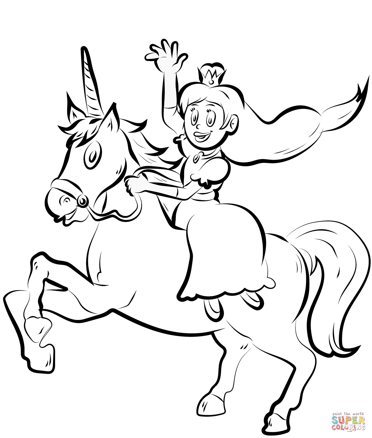 Princess rides unicorn coloring page free printable coloring pages