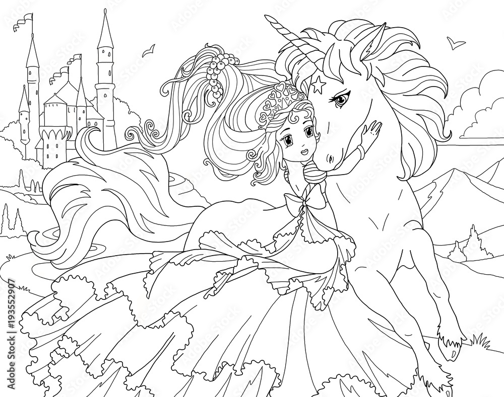 Coloring page unicorn and princess illustration