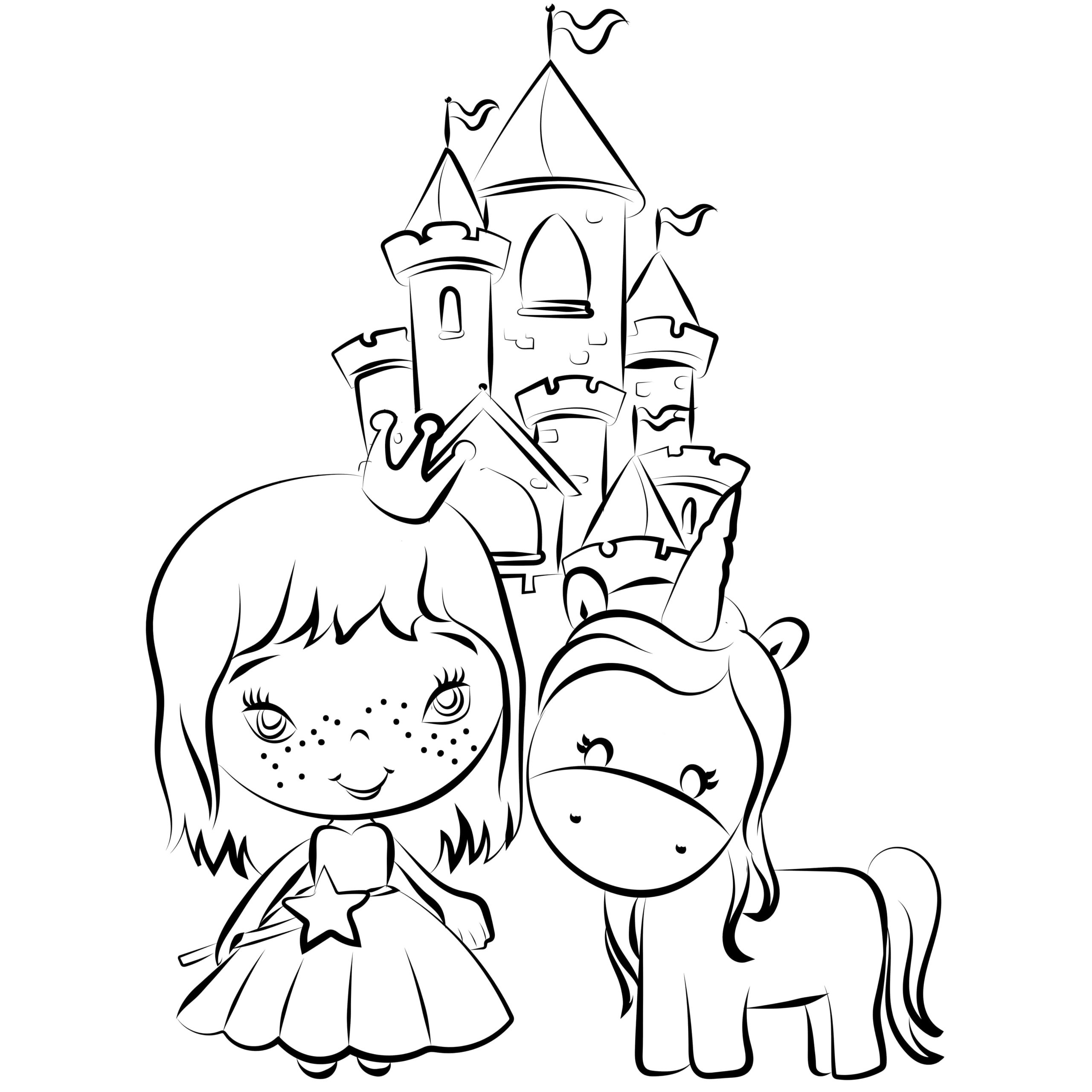 Unicorn and a little princess near the castle coloring page