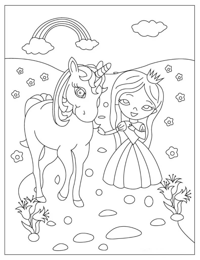 Princess and unicorn coloring page