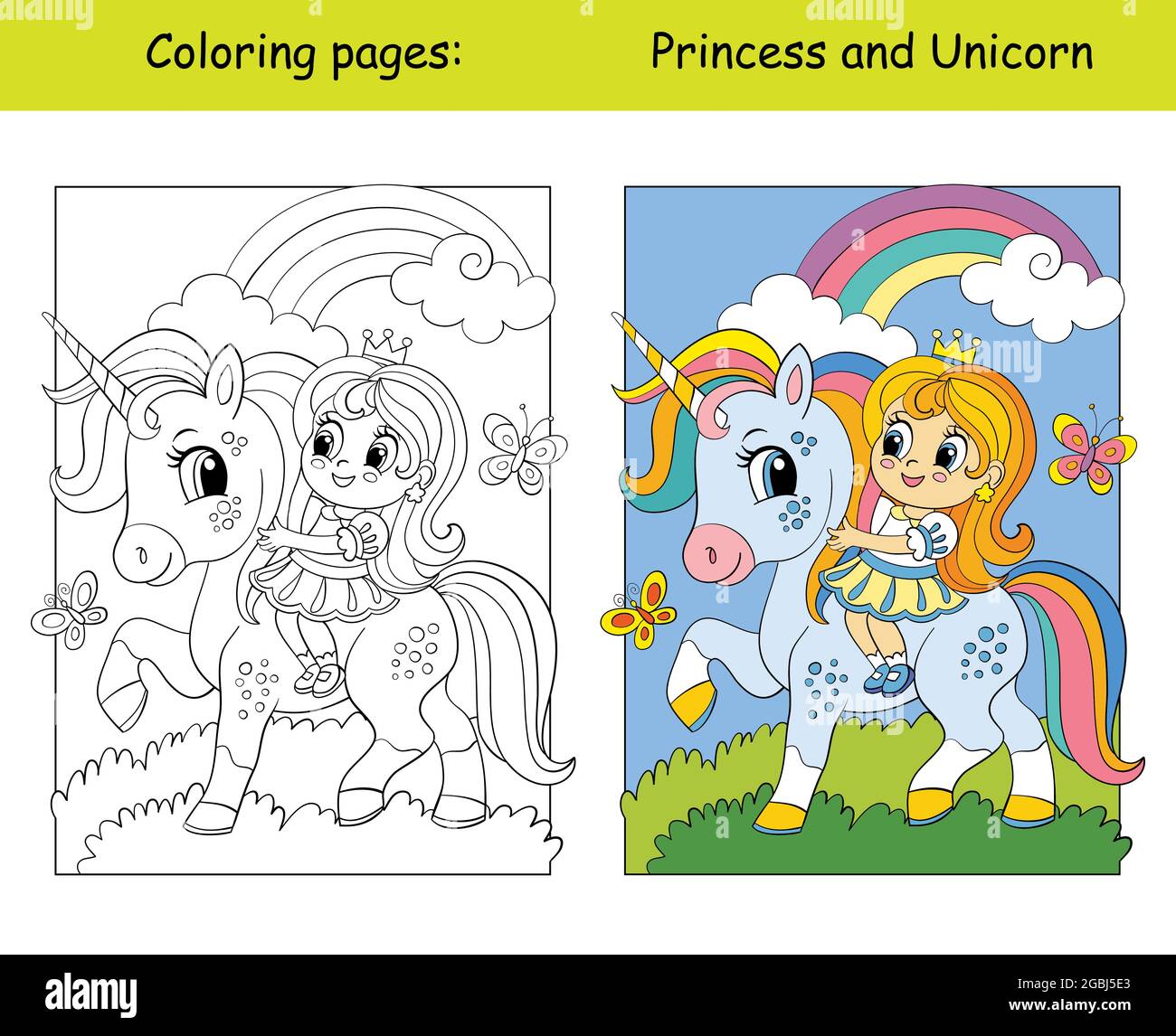 Cute little princess riding on a unicorn coloring book page for children with colorful template vector cartoon isolated illustration for coloring b stock vector image art