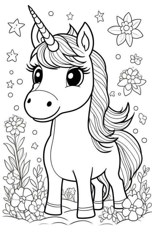Coloring page of a young and beautiful princess with a cute unicorn
