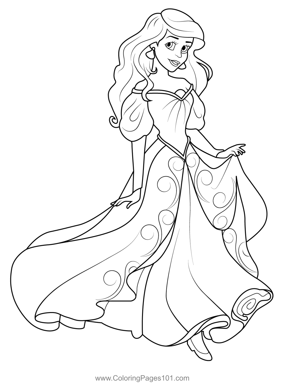 Ariel beautiful dress coloring page for kids