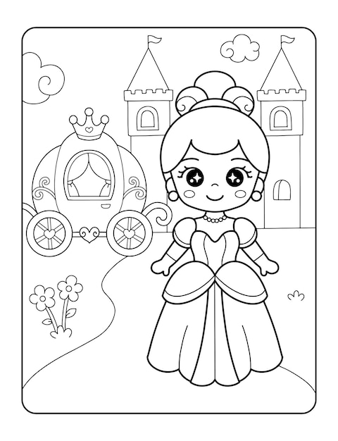 Premium vector princess carriage and castle printable coloring page