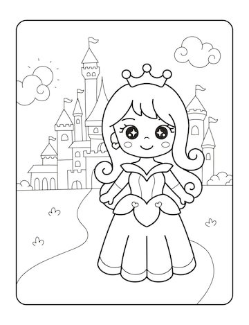 Premium vector beautiful princess with castle printable coloring page
