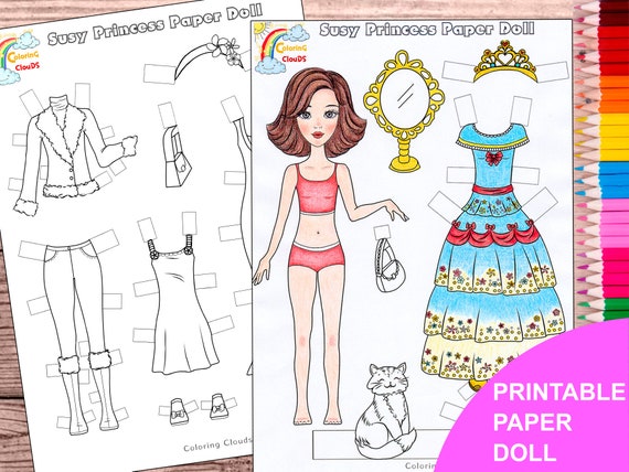 Princess paper doll paper doll printable instant download coloring paper doll paperdoll printable coloring page digital paper doll instant download