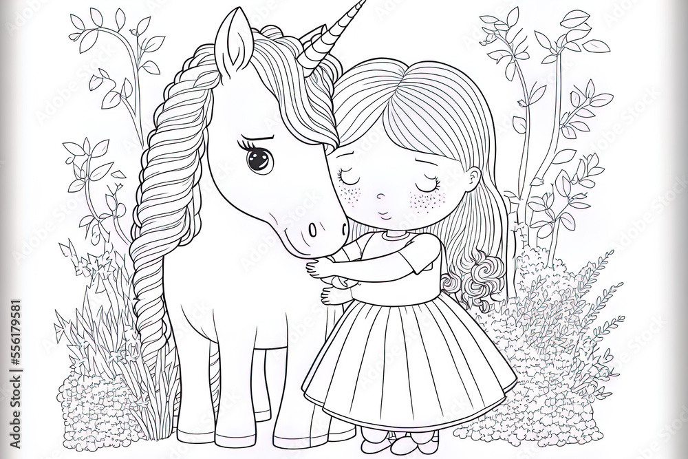 Cute princess gives a unicorn a hug coloring sheet with a colorful template for kids illustration of a cartoon in format to print play decorate educate puzzle and create coloring books