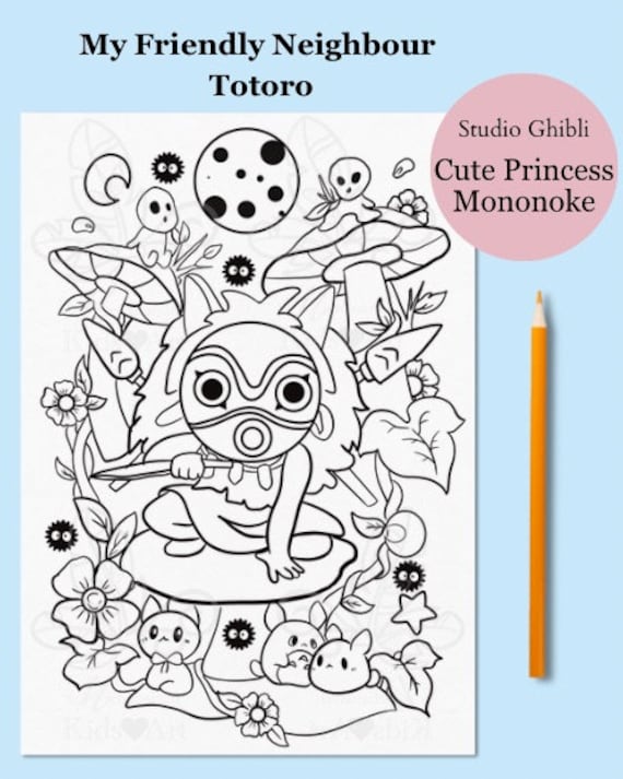 Studio ghibli coloring page totoro relaxing activity digital download line art fun kids adult floral anime princess mononoke