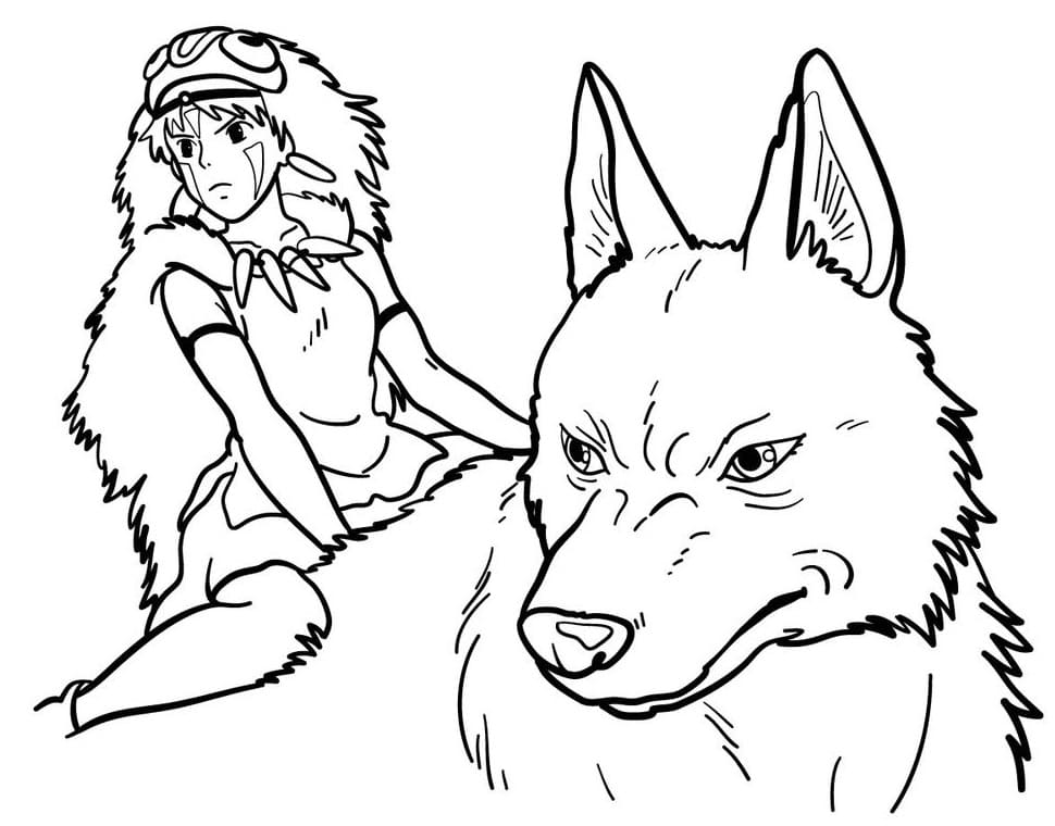 Princess mononoke is riding wolf coloring page