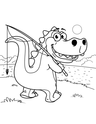 Cute tyrannosaurus goes fishing coloring page free printable coloring pages