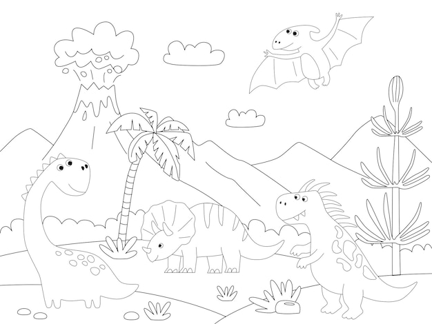 Premium vector a dinosaur prehistoric landscape scene vector printable coloring page for children in cartoon style