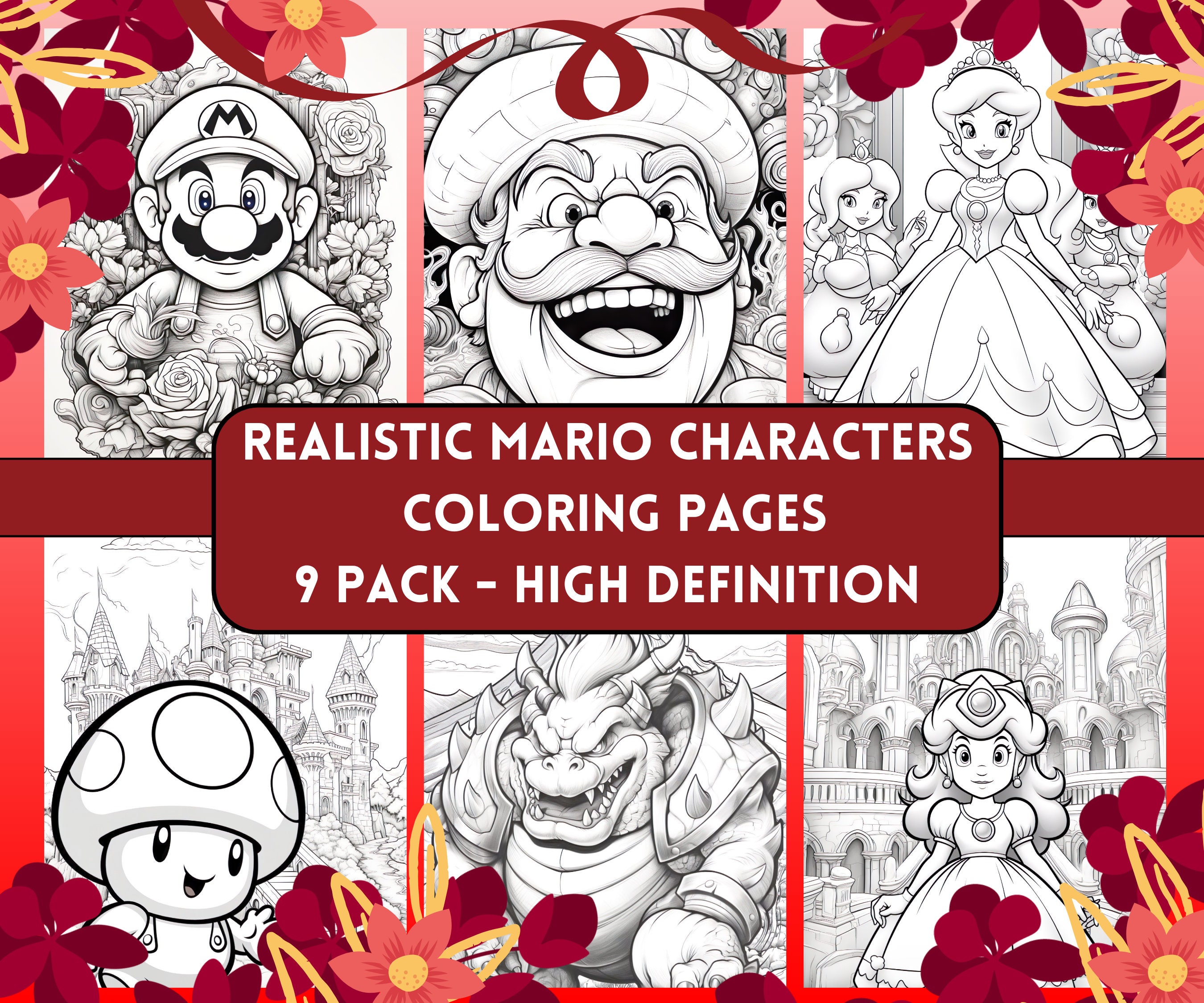 Realistic super mario characters coloring pages mario and friends super mario digital coloring book fun at home activity relax and color instant download