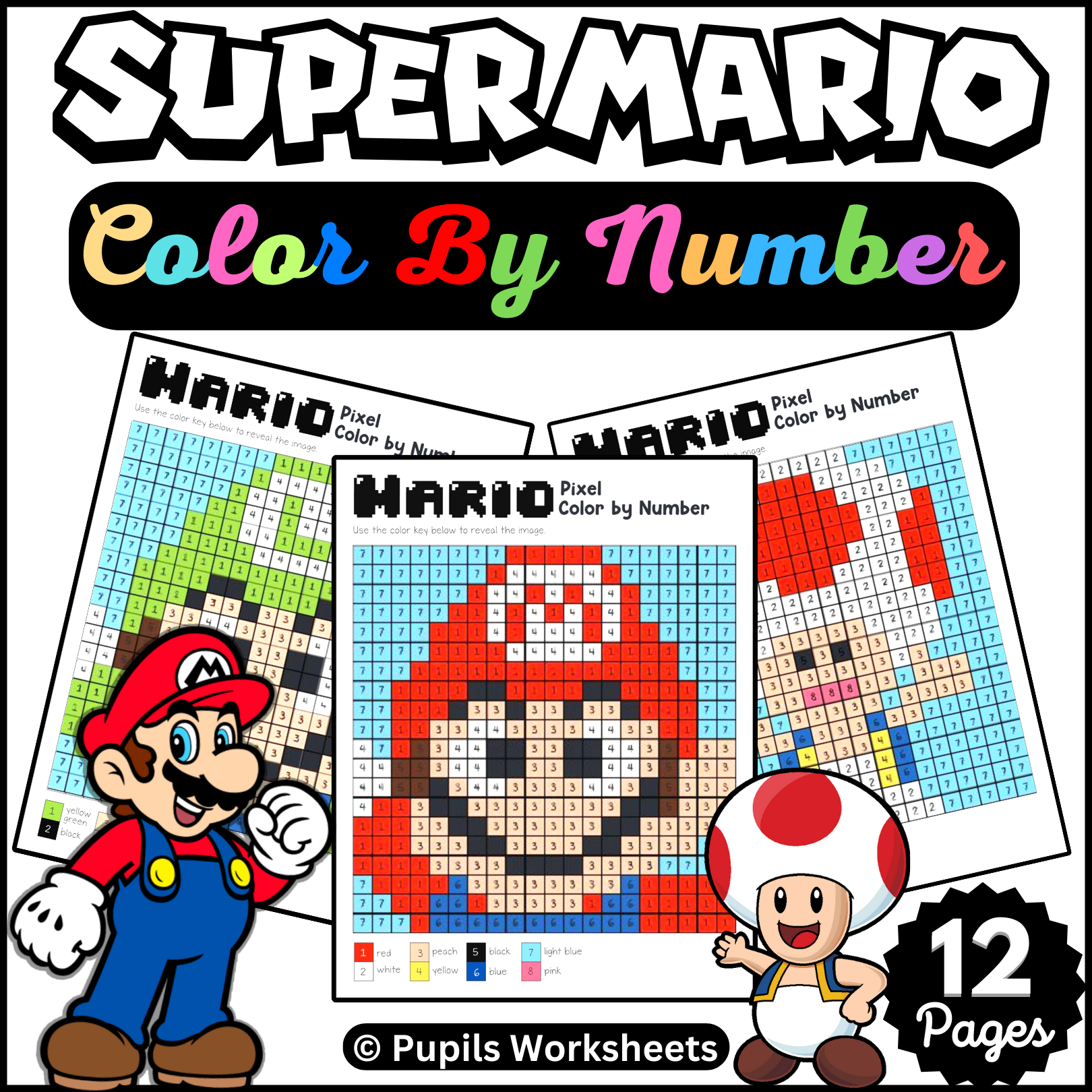 Super mario printable pixel color by number