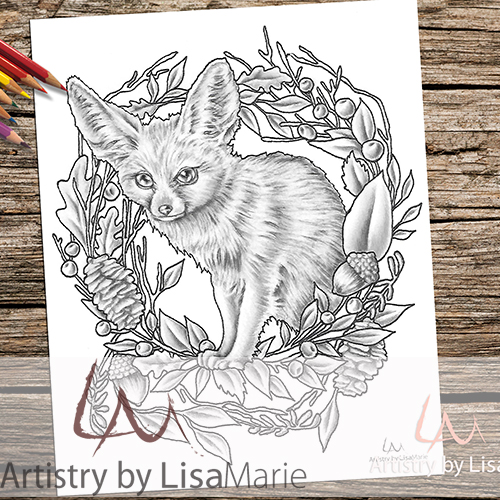 Fennec fox in wreath printable coloring book page â artistry by lisa marie