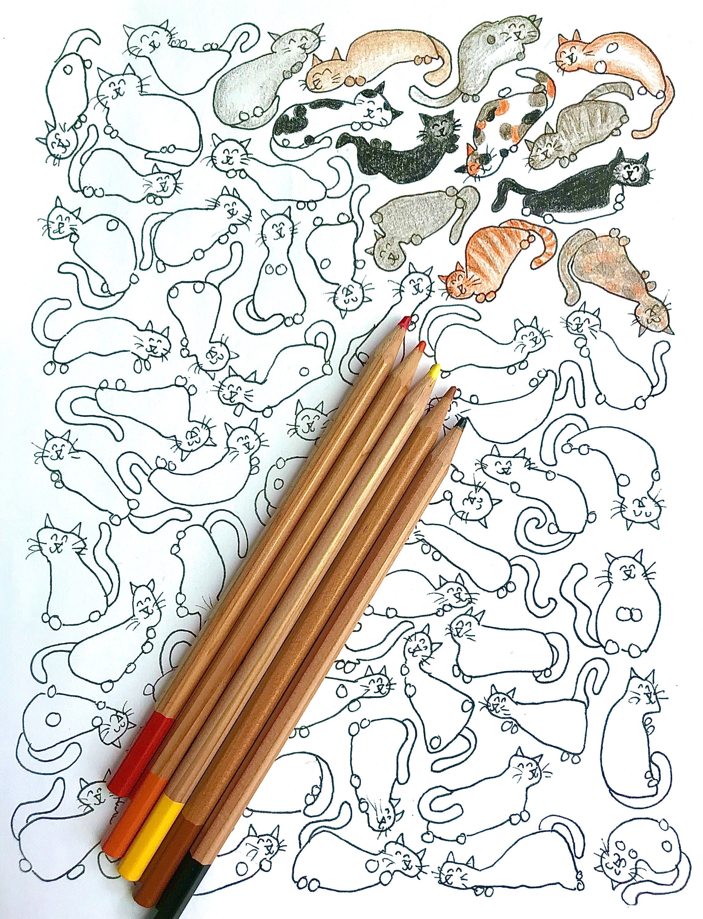 Cats coloring page color collage pen ink printable download jpg