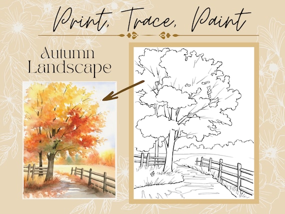 Autumn tree landscape printable outline traceable template for drawing painting or coloring page