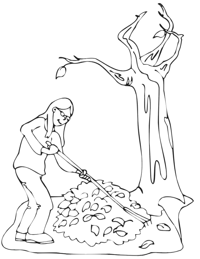 Autumn leaves coloring page woman raking beside bare tree