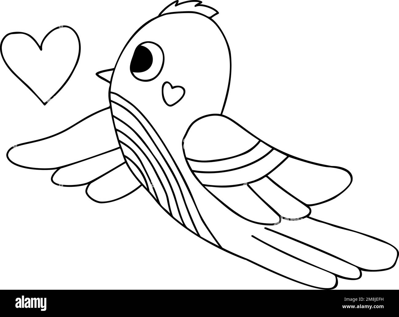 Cute bird with heart vector illustration outline drawing for design decor valentines cards print coloring page stock vector image art