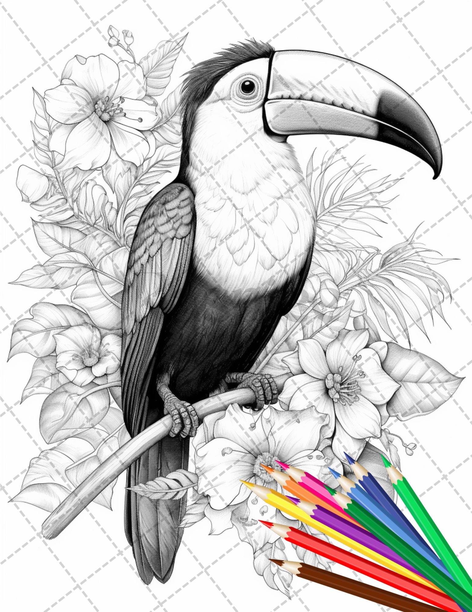 Tropical birds coloring book for adults grayscale coloring page p â coloring