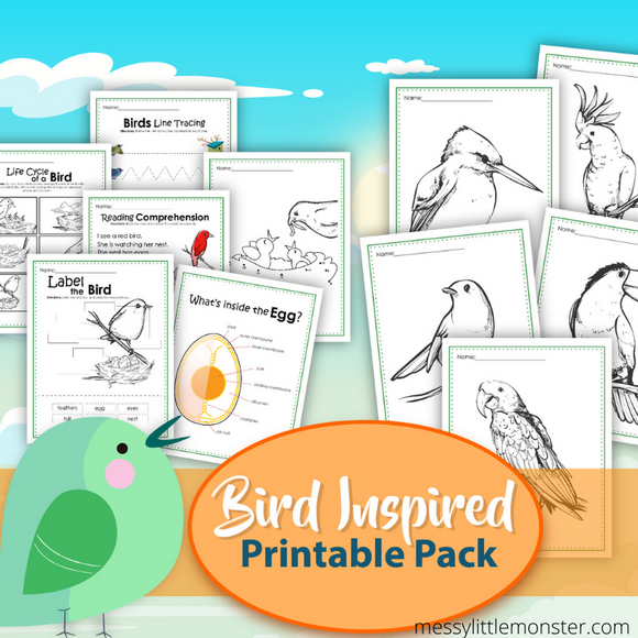 Printable bird worksheets and bird coloring pages for kids â messy little monster shop