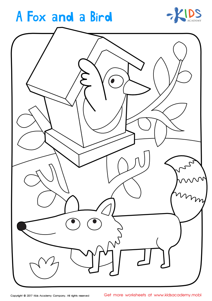 A fox and bird coloring page free printable worksheet for kids