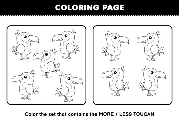 Premium vector education game for children coloring page more or less picture of cute cartoon toucan bird line art set printable worksheet
