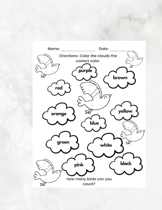 Kids coloring and counting color the clouds count the birds k digital download printable coloring page