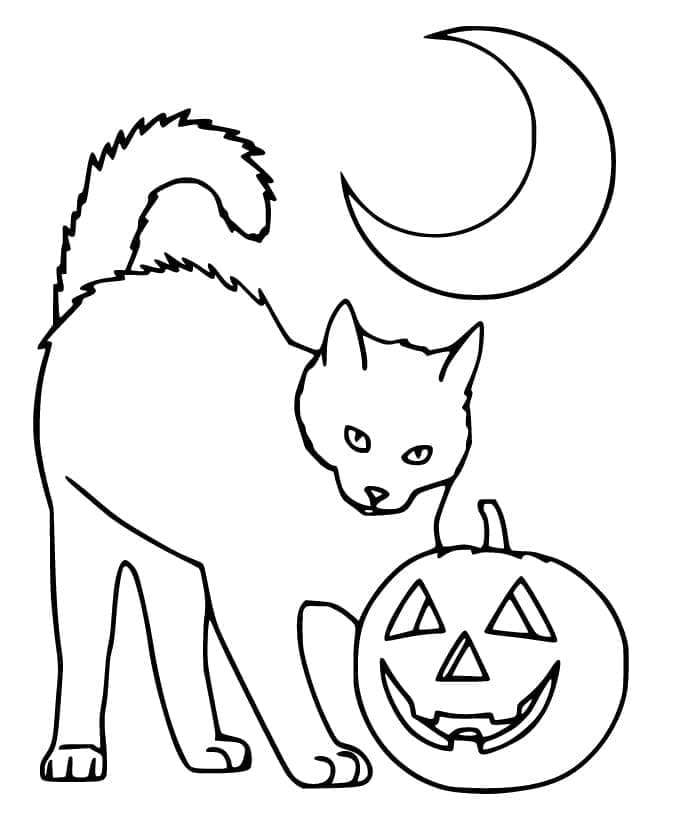 Halloween cat and moon coloring page