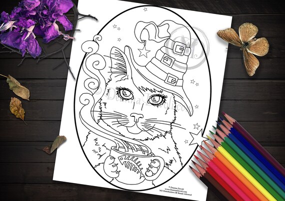 Black cat coloring page witch cat art printable coloring page animal coloring page halloween cat jpg adult coloring page