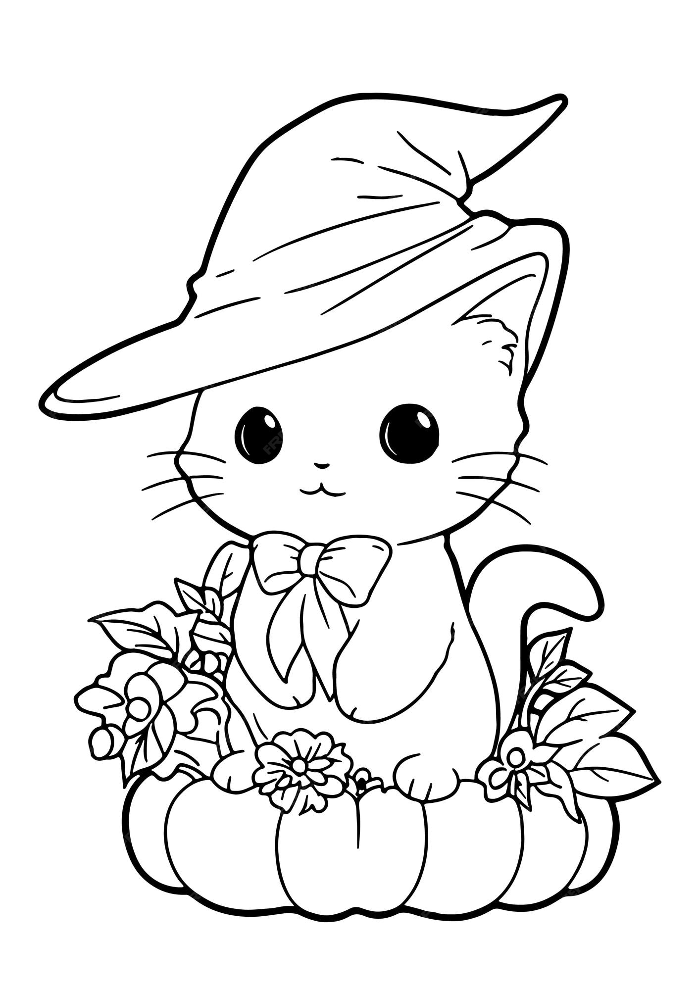 Premium vector halloween cat coloring page for kids printable