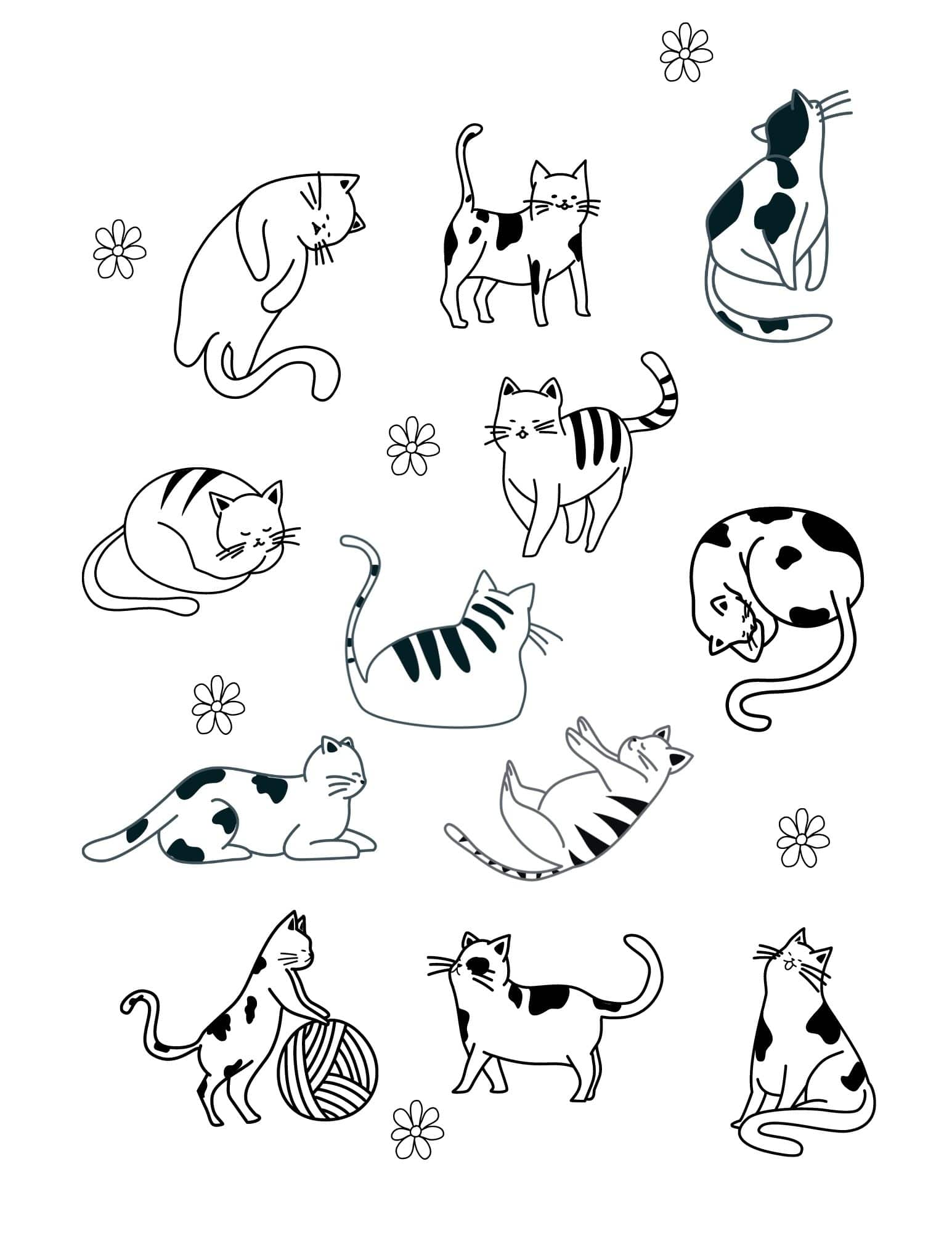 Cute cat coloring pages for kids and adults