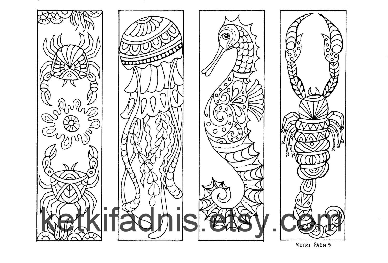 Coloring bookmarks sea creatures bookmarks coloring page instant pdf download digital download hand drawn diy coloring page download now
