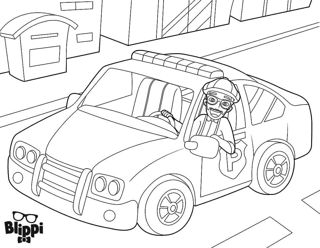 Blippi in a police car coloring page