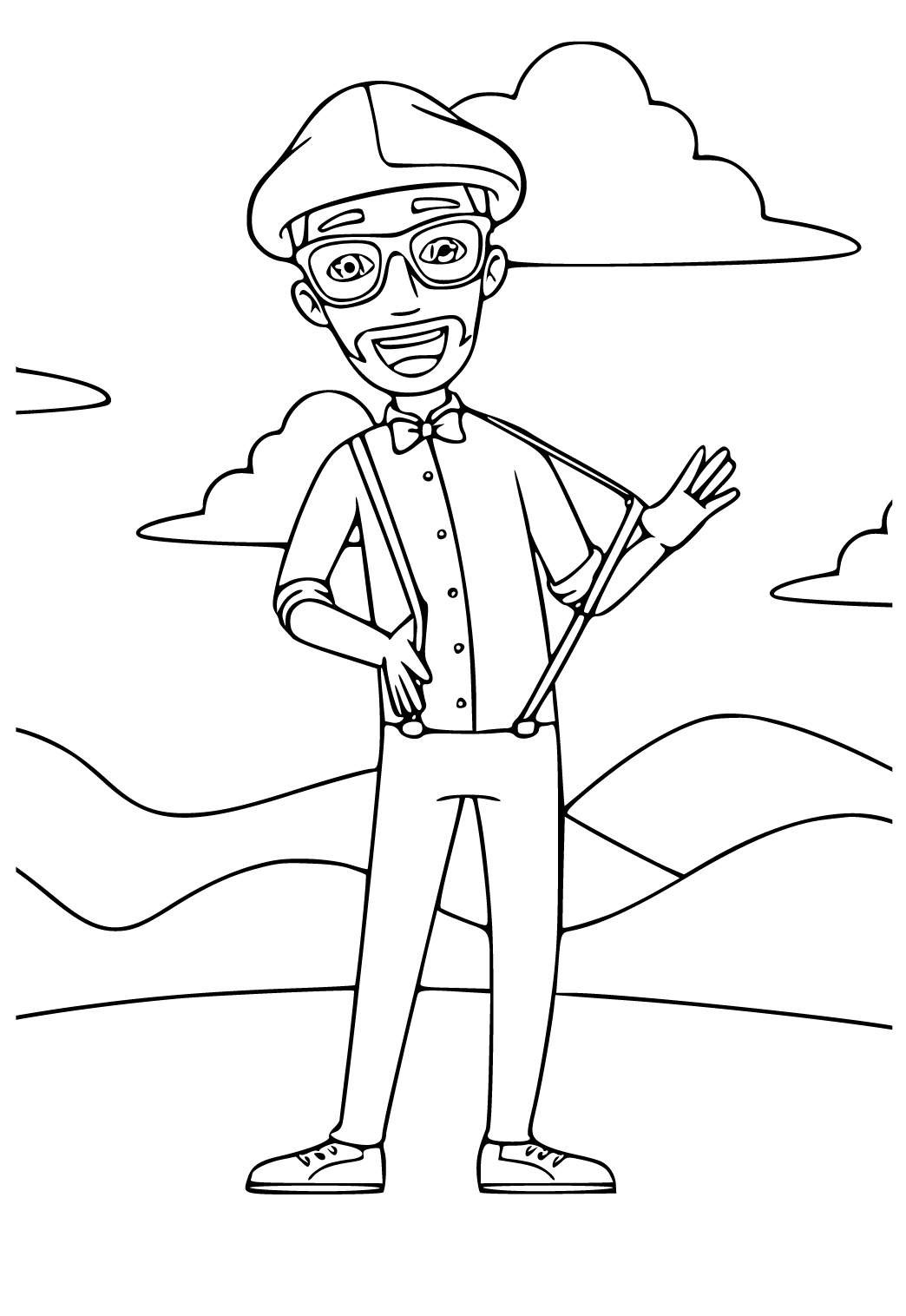 Free printable blippi suspender coloring page for adults and kids