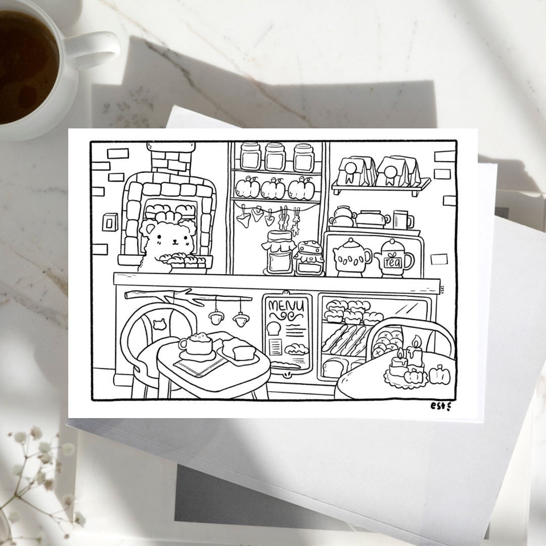Adult coloring page cozy bear cafe