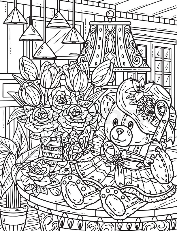 Breast cancer awareness teddy bear coloring page stock vector