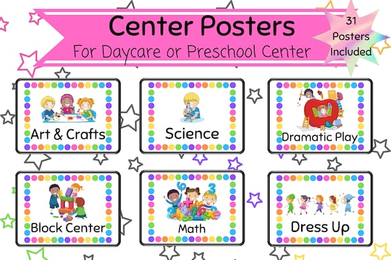 Center signs for daycare or preschool classrooms pdf printable posters daycare organizing labels childcare classroom decor