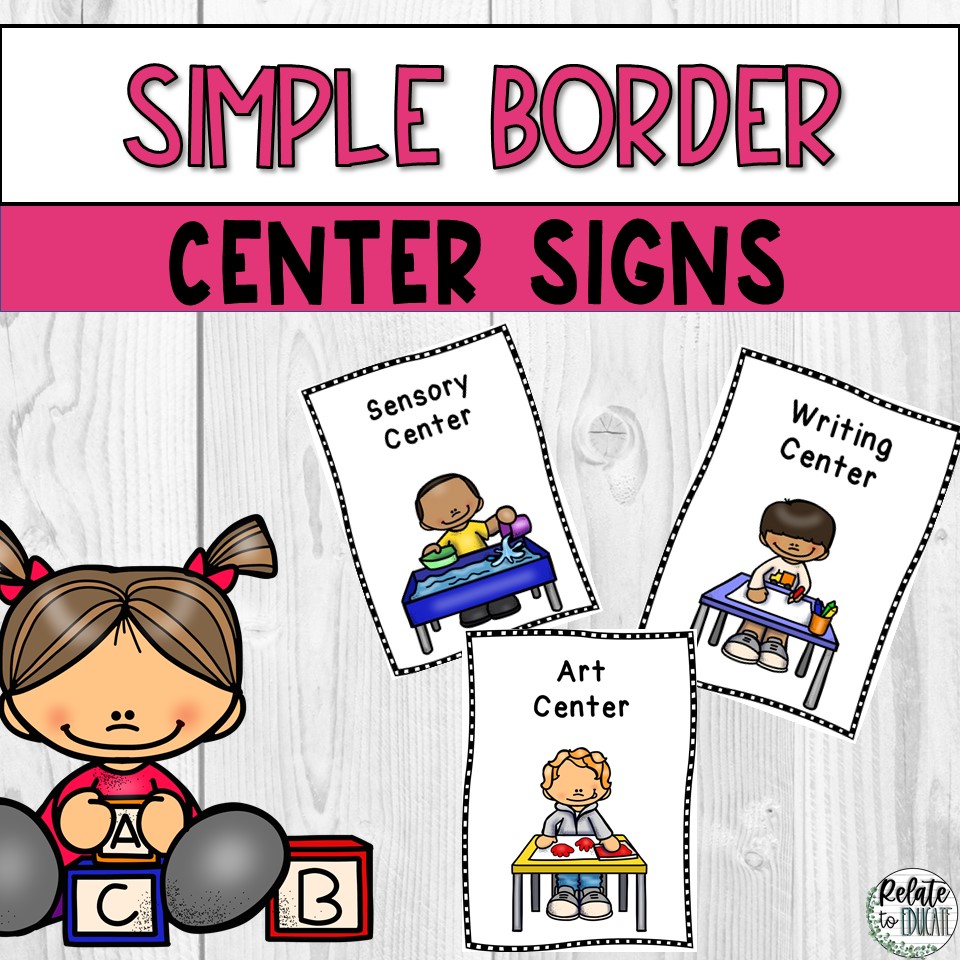 Simple black border center area signs in english made by teachers